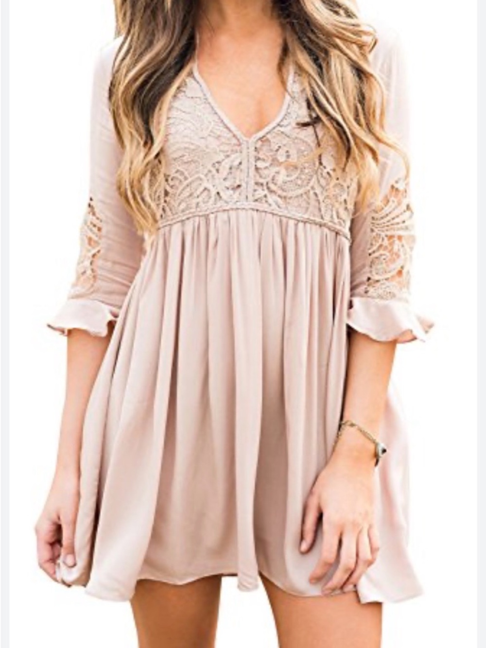Selfie Leslie boho fairy Lace V-Neck Babydoll Mini Dress keyhole back small
